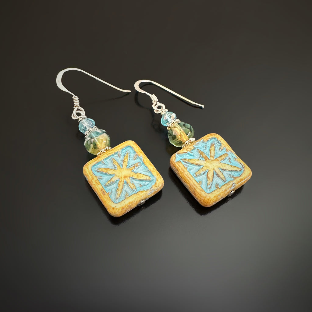 Turquoise Starburst Czech Glass Earrings Adorn Jewelry and Accessories