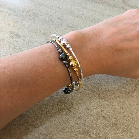 Trio, Metallic Stretch Bangle Bracelets in Gold, Silver and Gunmetal