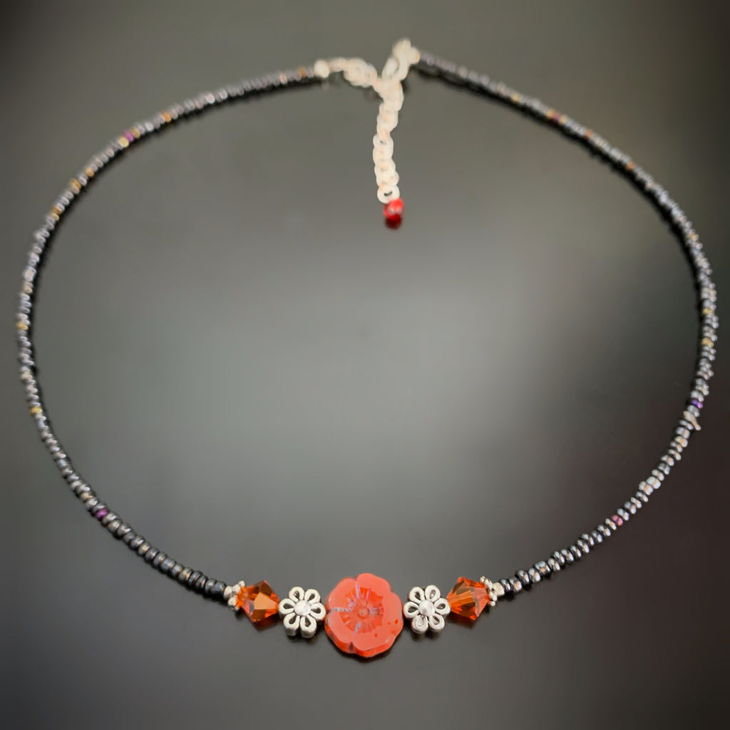 Flower Beaded Necklace in Coral Red