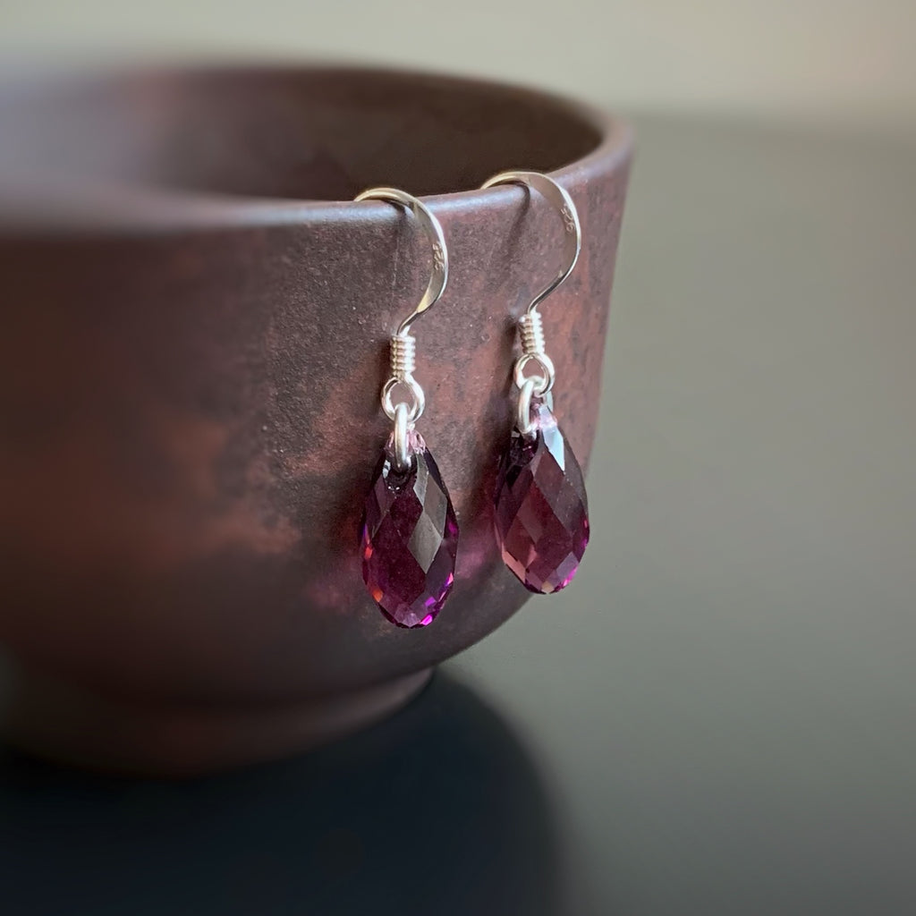 purple amethyst crystal teardrop earrings with sterling silver ear wires