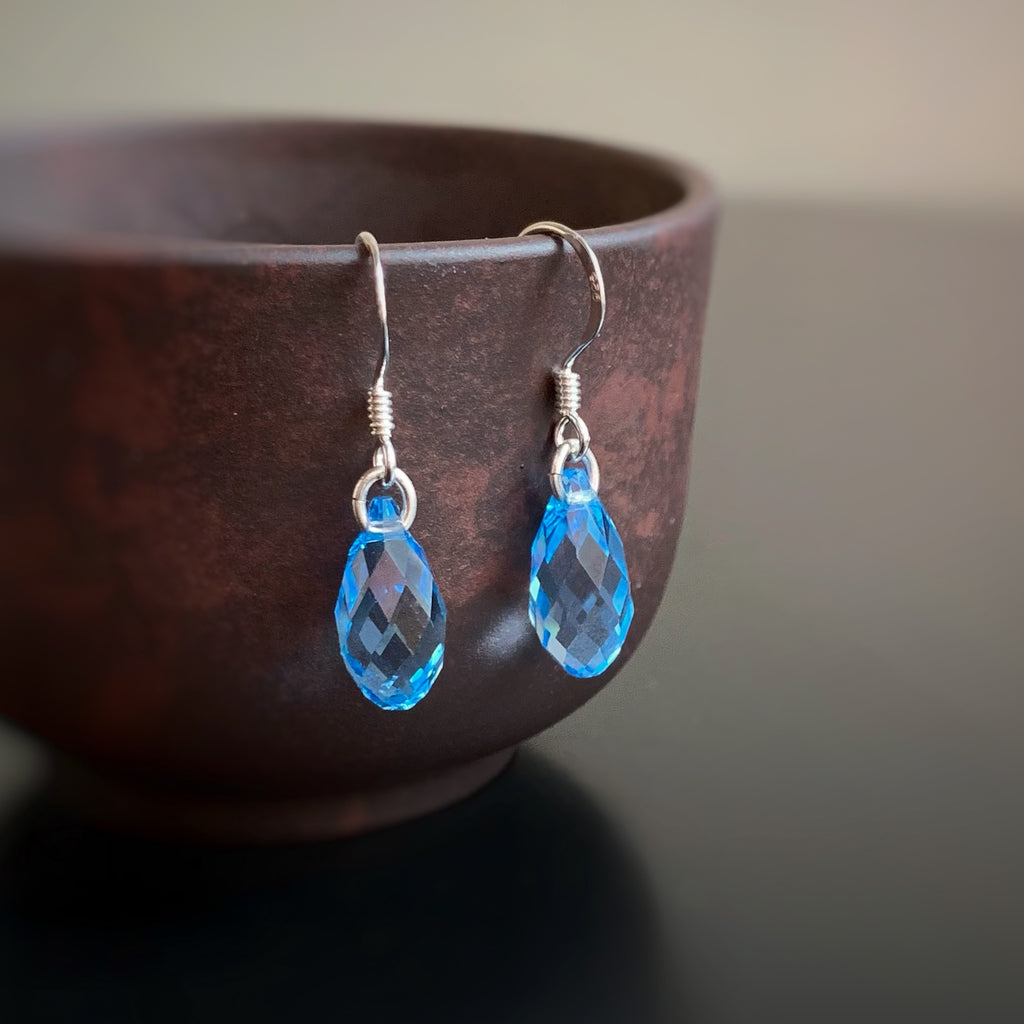 aquamarine blue crystal teadrop sterling silver drop earrings