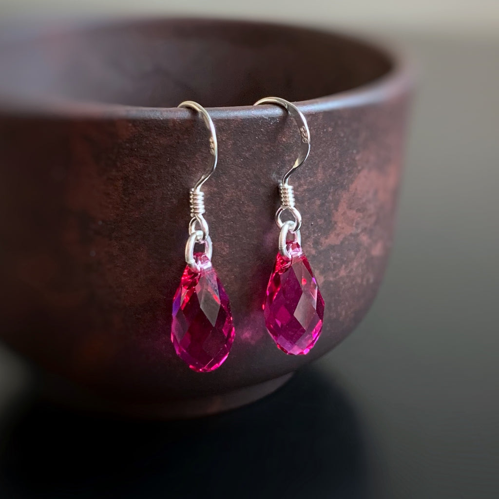 berry pink crystal teardrop sterling silver earrings