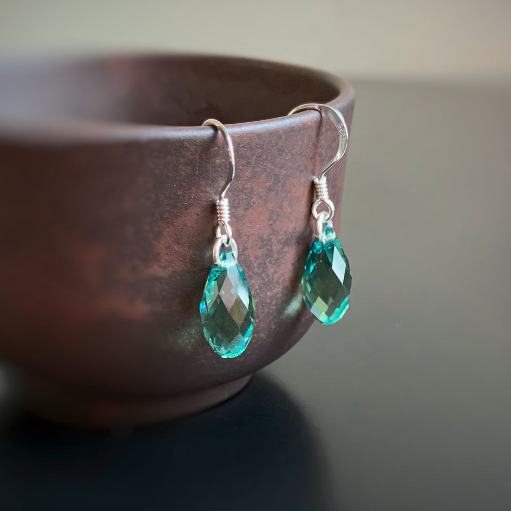 blue green erinite crystal teardrop earrings with sterling silver ear wires