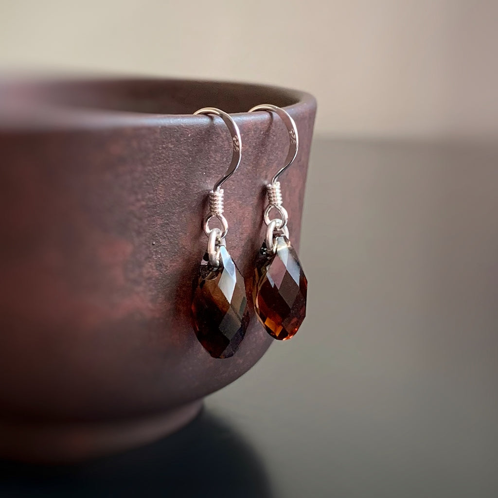 brown crystal teardrop earrings with sterling silver ear wires