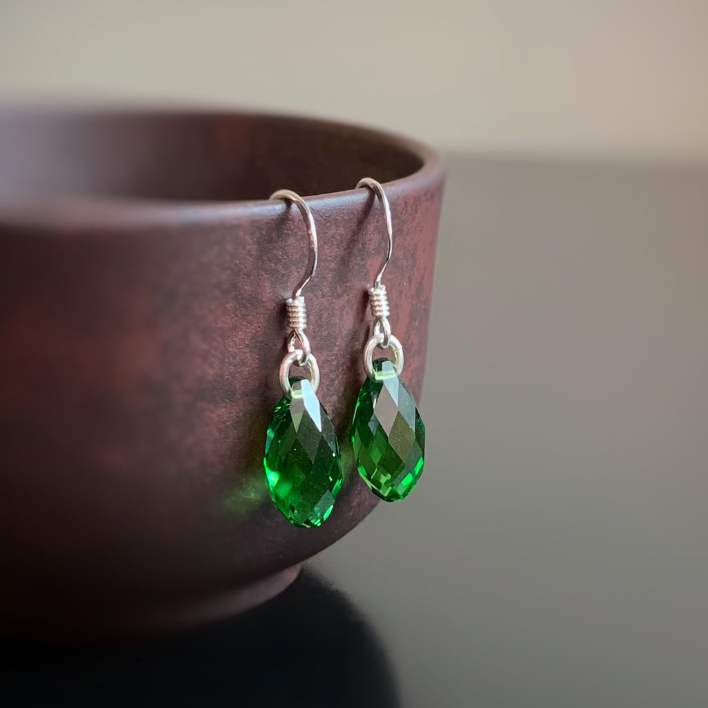 emerald green crystal teardrop earrings with sterling silver ear wires