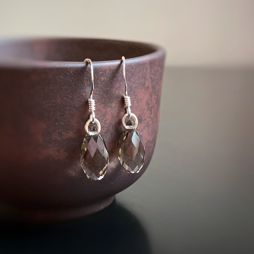 smokey quartz grey crystal teardrop earrings with sterling silver ear wires