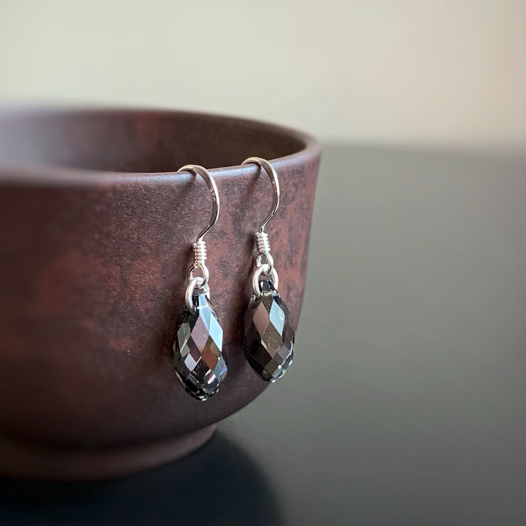metallic grey crystal teardrop earrings with sterliing silver hooks