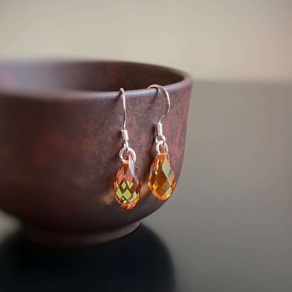 orange copper color crystal teardrop earrings with sterling silver ear wires