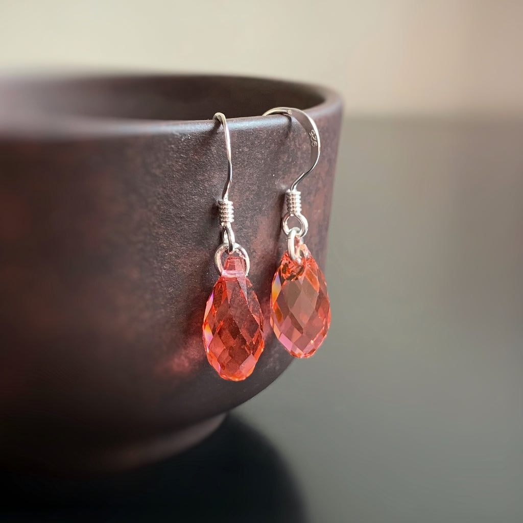 padparadscha coral pink crystal teardrop earrings with sterling silver ear wires
