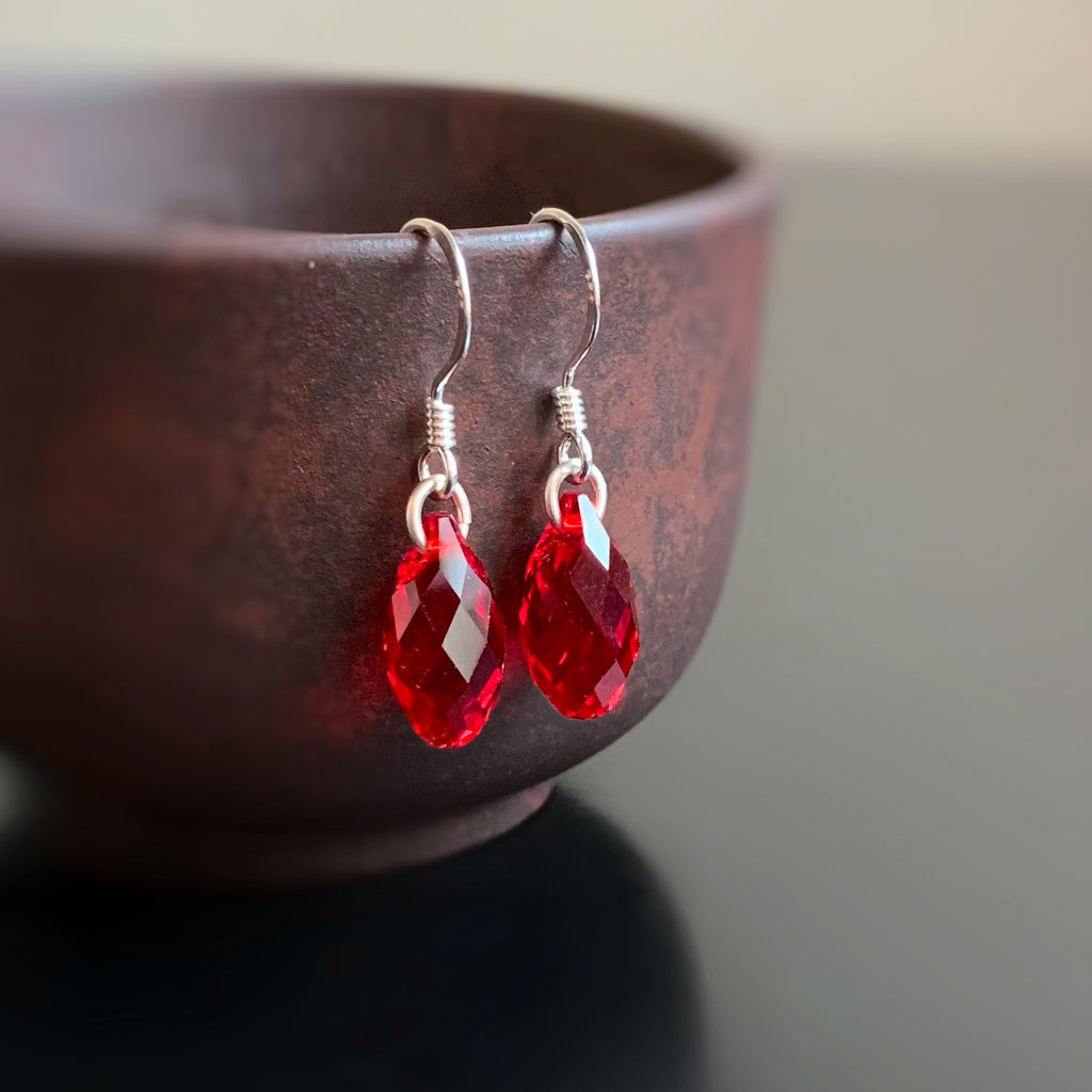 red crystal teardrop earrings with sterling silver ear wires