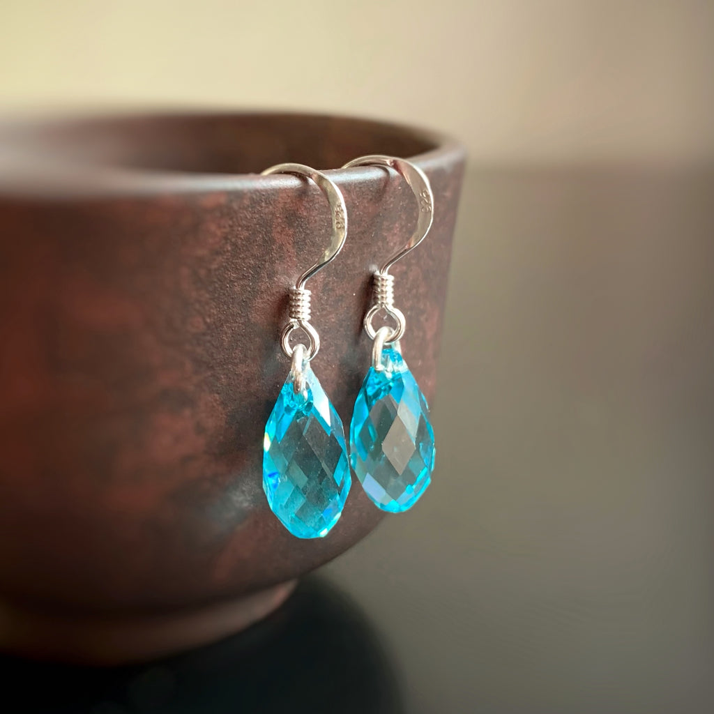 Crystal Teardrop Earrings, Turquoise Color, Sterling Silver