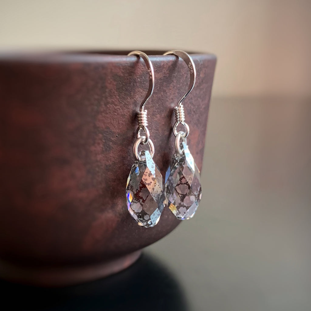vintage mercury glass color crystal teardrop earrings with sterling silver ear wires