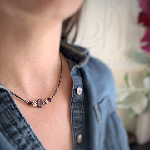 Flower Beaded Necklace in Dark Purple