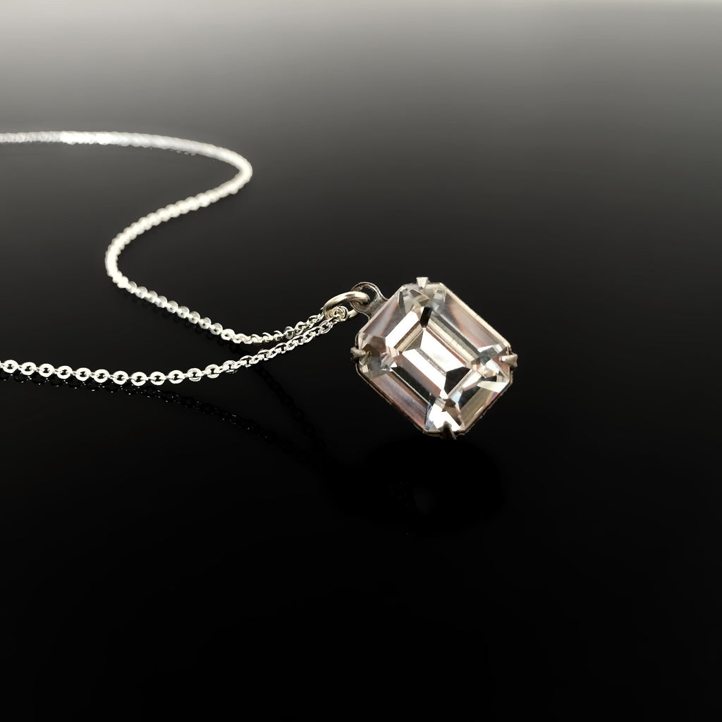 Emerald Ice pendent necklace crystal clear emerald cut Austrian crystal set in silver 