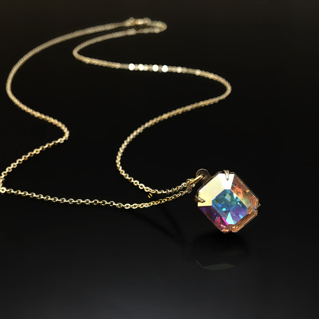 gold necklace with clear AB emerald cut rhinestone