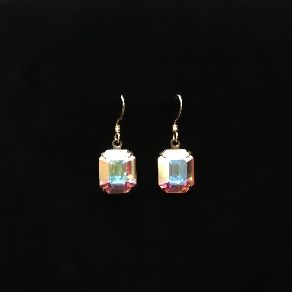 gold earrings with clear AB emerald cut rhinestone crystals