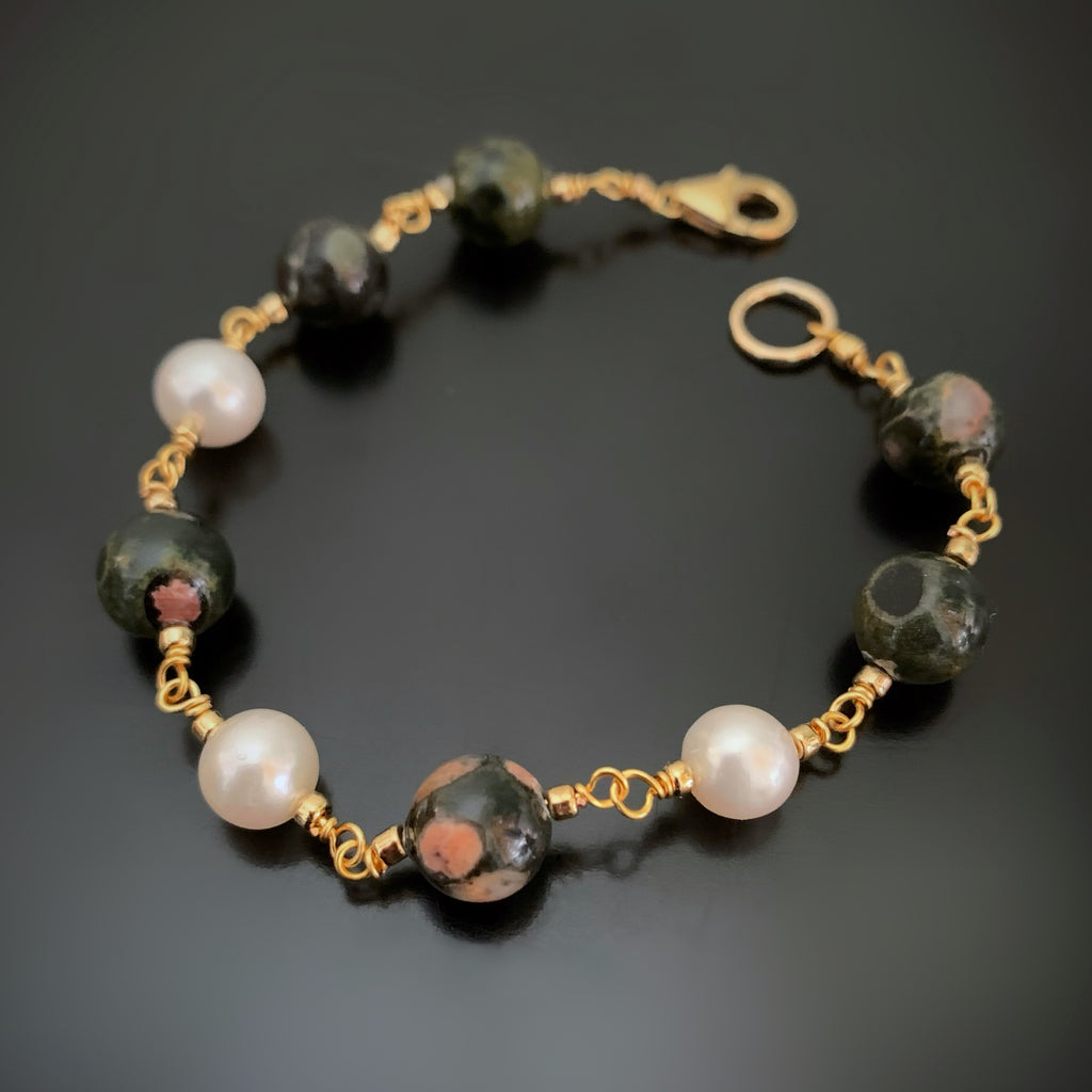 handmade link bracelet with white freshwater pearls and ocean jasper, gold tone