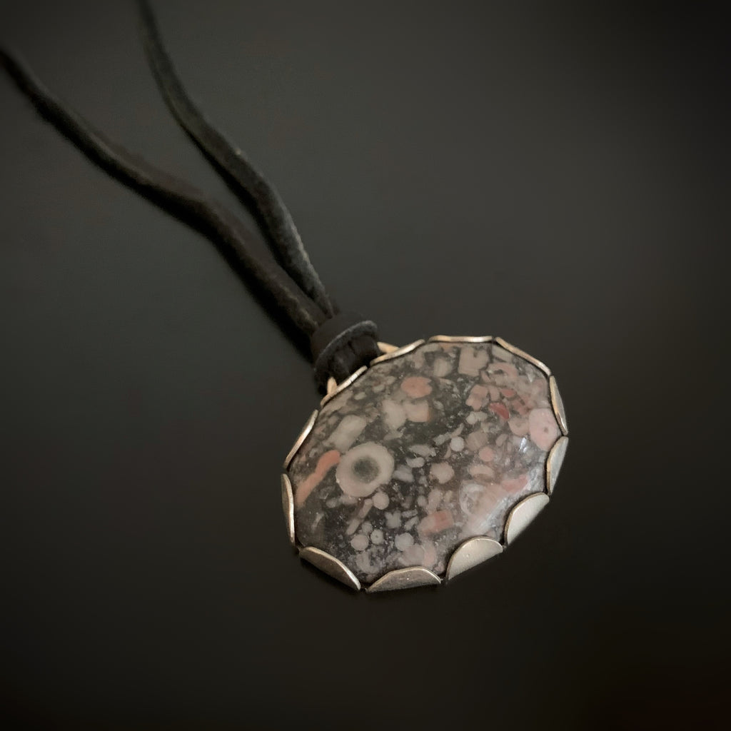 Fossil Jasper Sterling Silver Pendant on Leather Necklace
