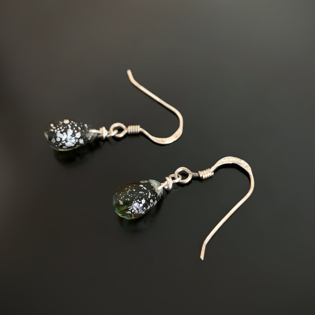 green glass teardrop with silver speckles earrings