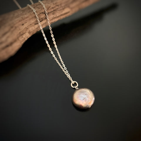 Grey Freshwater Coin Pearl Pendant on Sterling Silver Chain