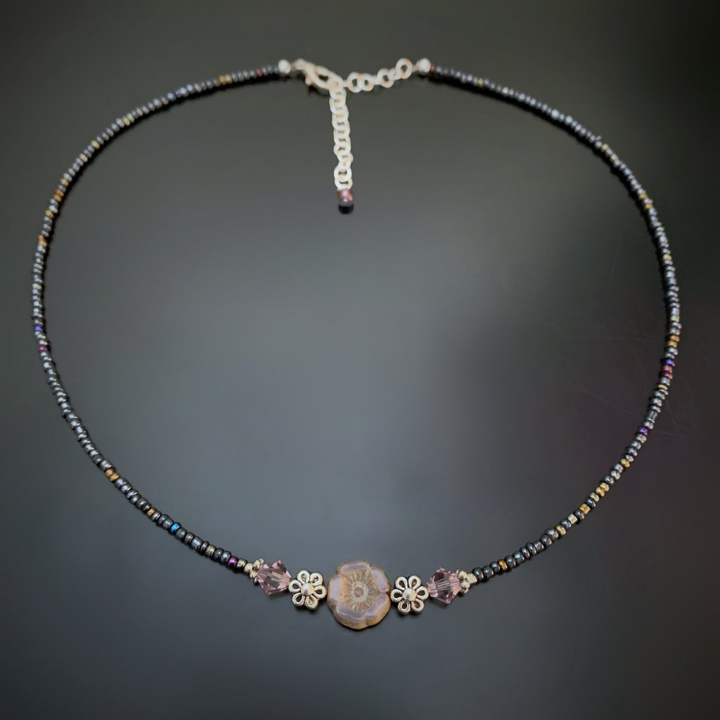 Flower Beaded Necklace in Purple Heather