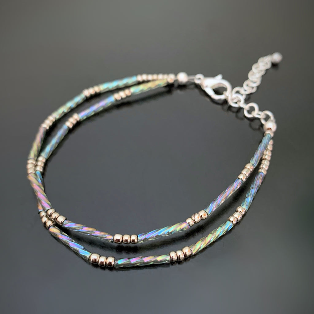 twisted column double strand beaded bracelet with silver accents