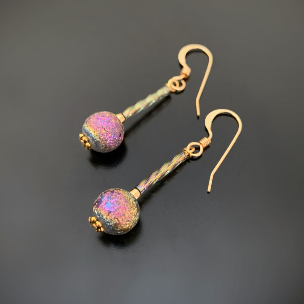 purple ancient looking glass earrings with twisted columns and gold filled ear wires