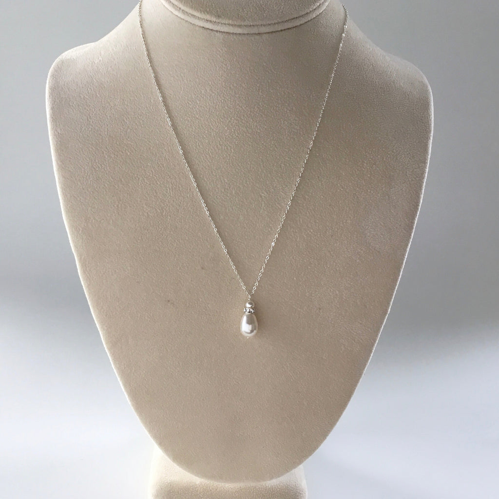 Custom handmade bridal necklace, teardrop white pearl and silver chain great for bridesmaids 