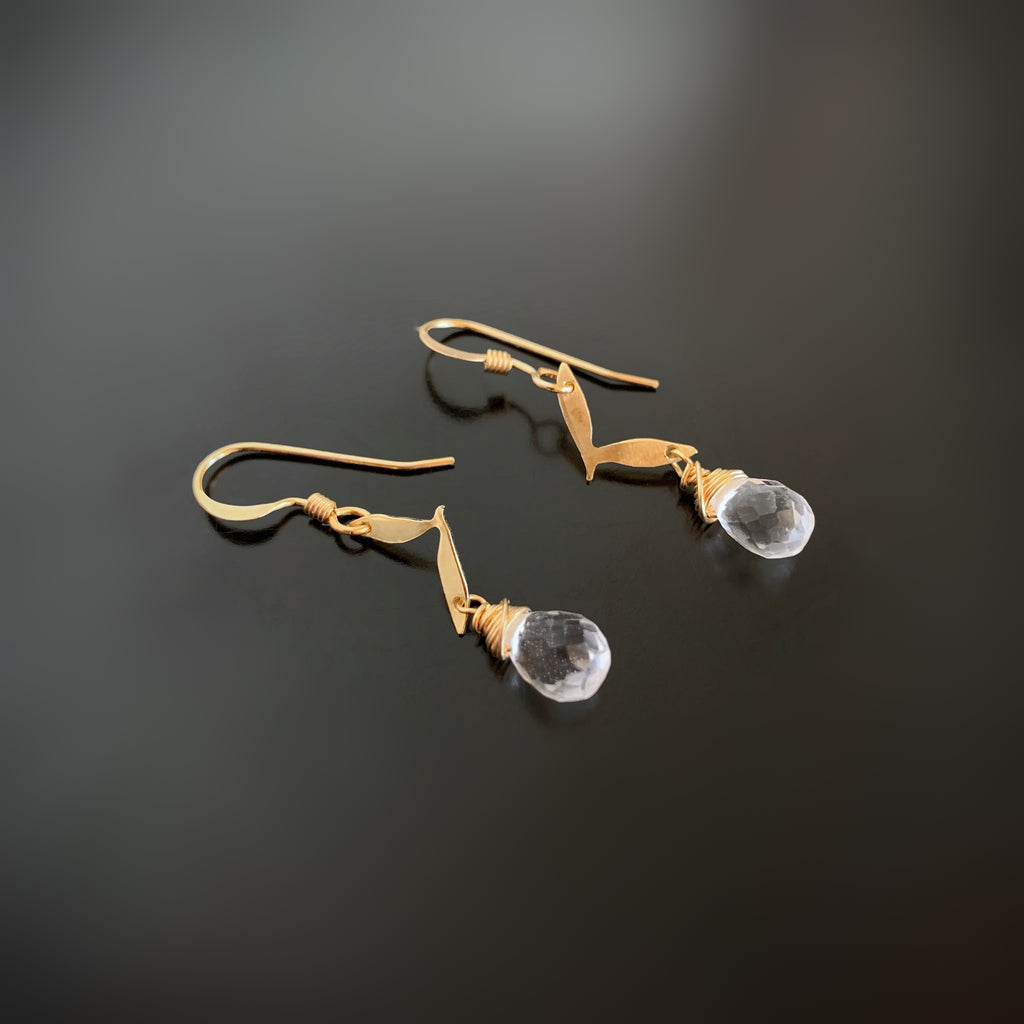 Leaflet golden Brass Earrings with Clear Quartz Crystal