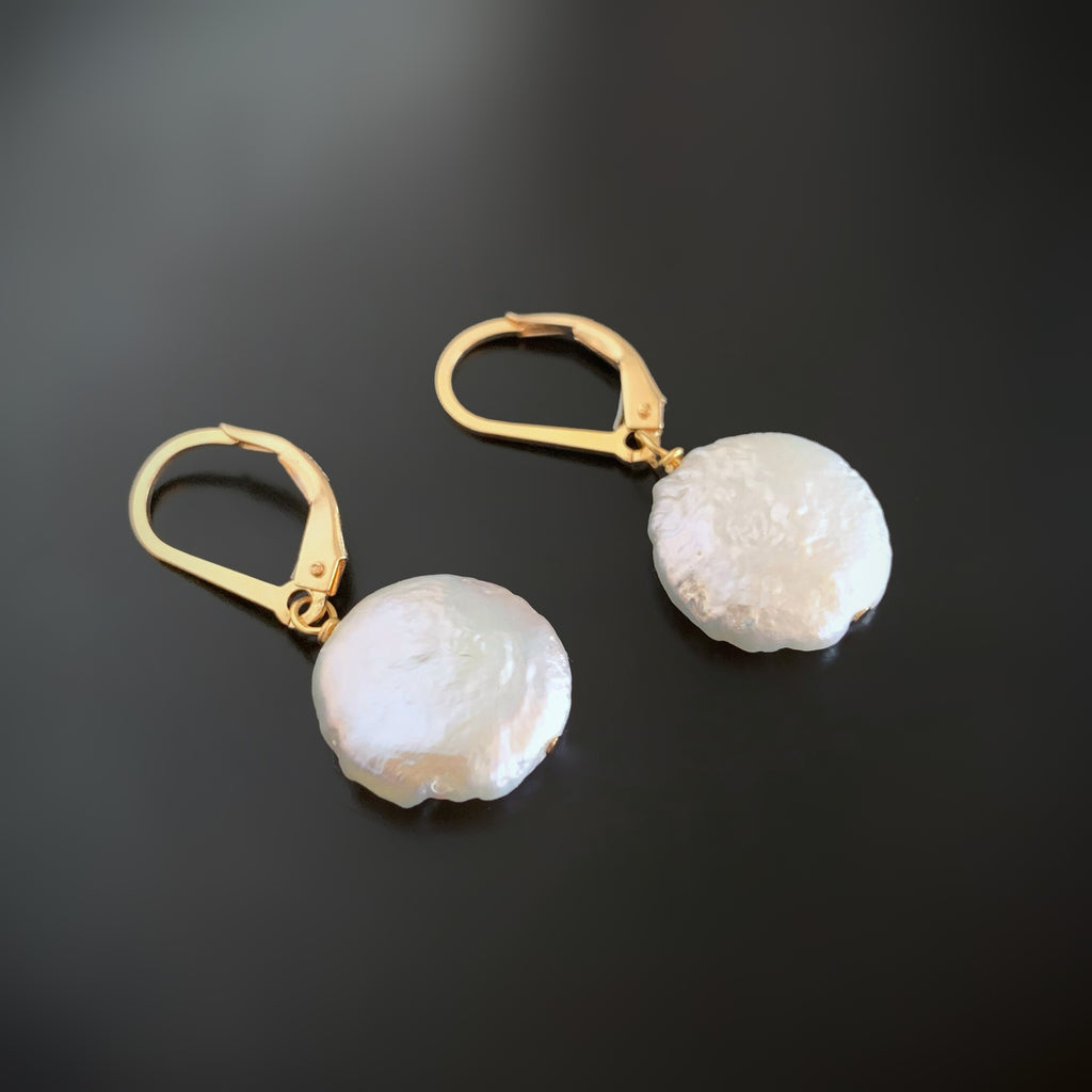 White Freshwater Coin Pearl Gold filled Leverback Earrings