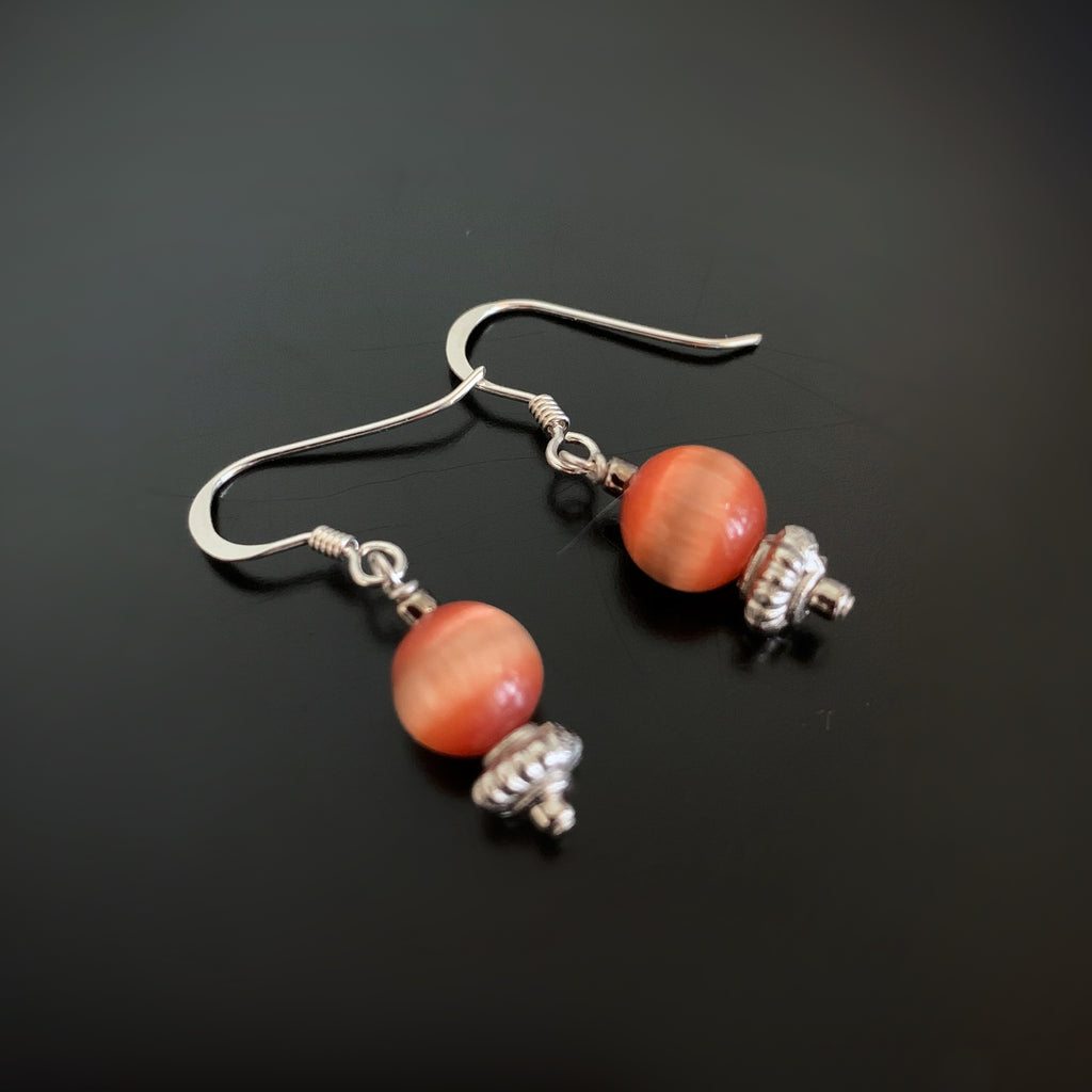 orange cat's eye glass drop earrings with sterling silver ear wires