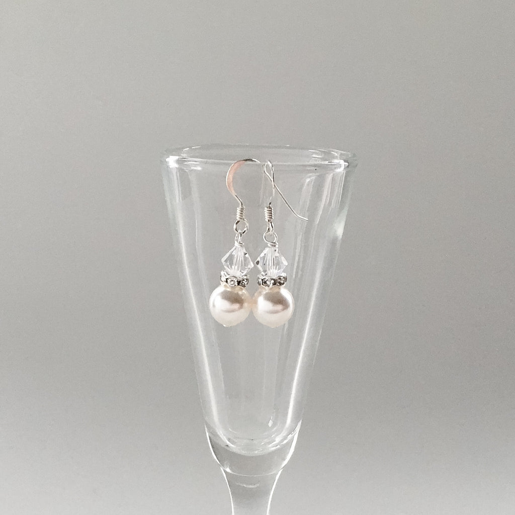 bridesmaids gift earrings white pearl and crystal drop 