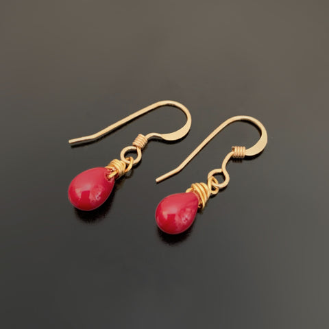 red glass teardrop gold earrings