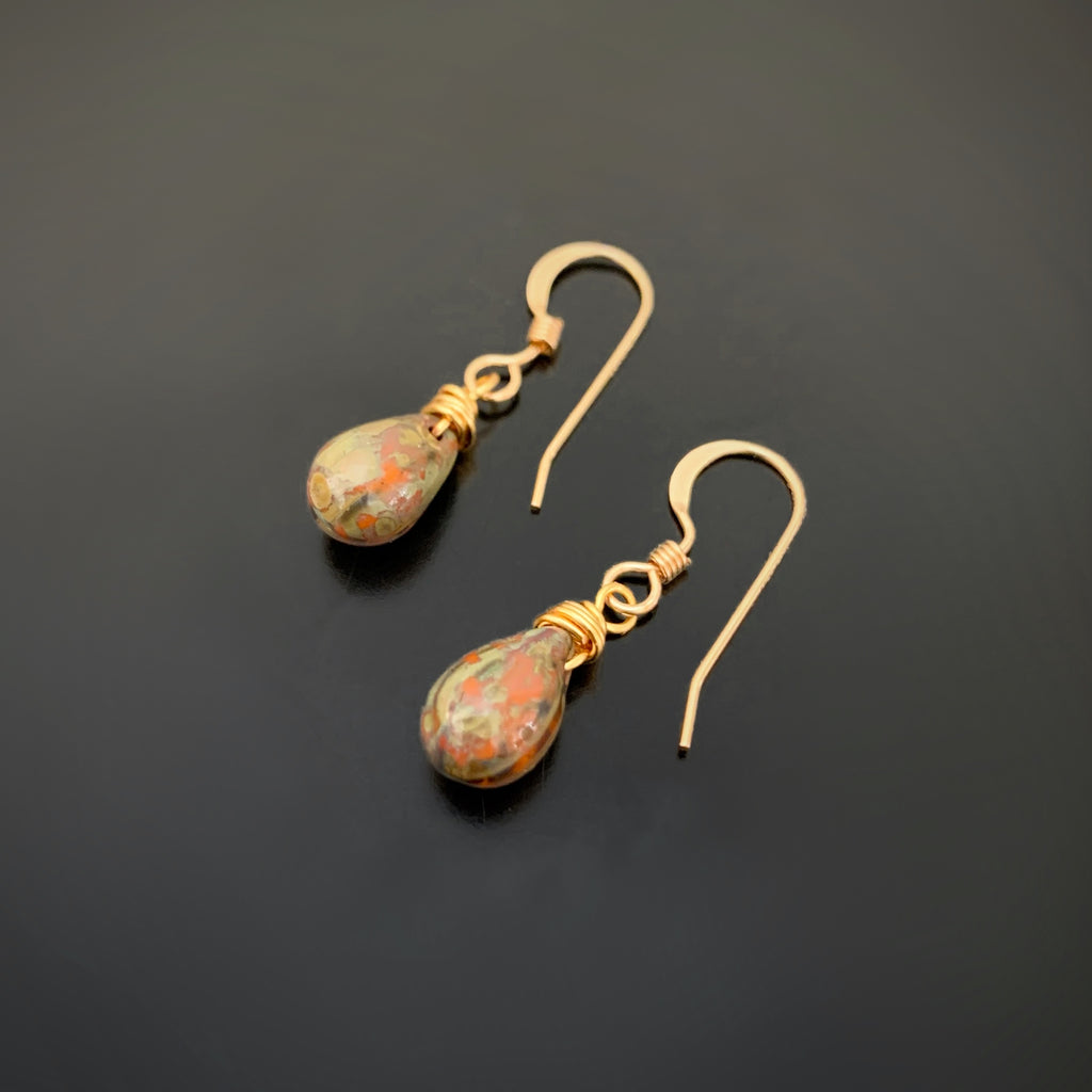 earthy glass teardrop gold earrings
