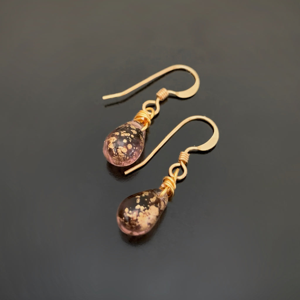 lilac and gold speckled glass teardrop earrings