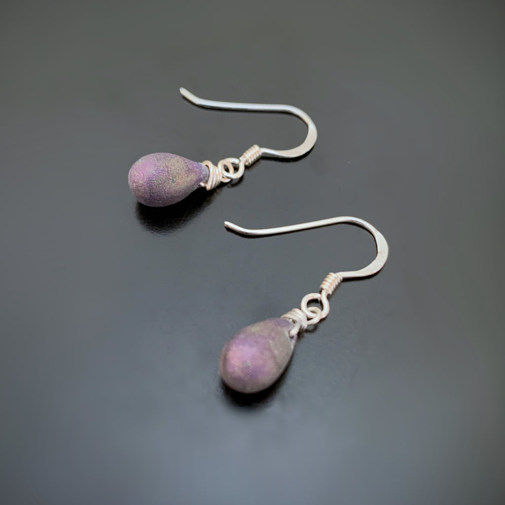 matte finish peacock purple teardrop silver earrings