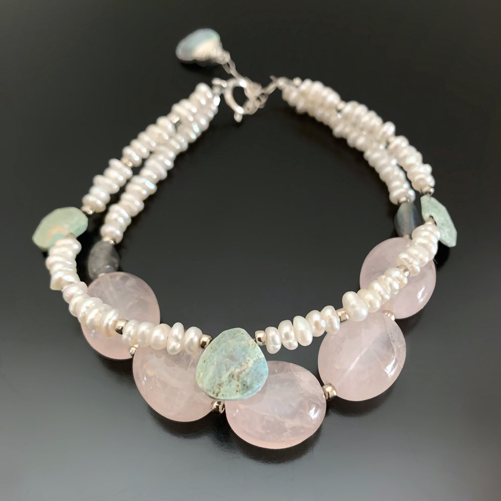 rose quartz, ruby in zoisite, freshwater pearls and labradorite double strand bracelet