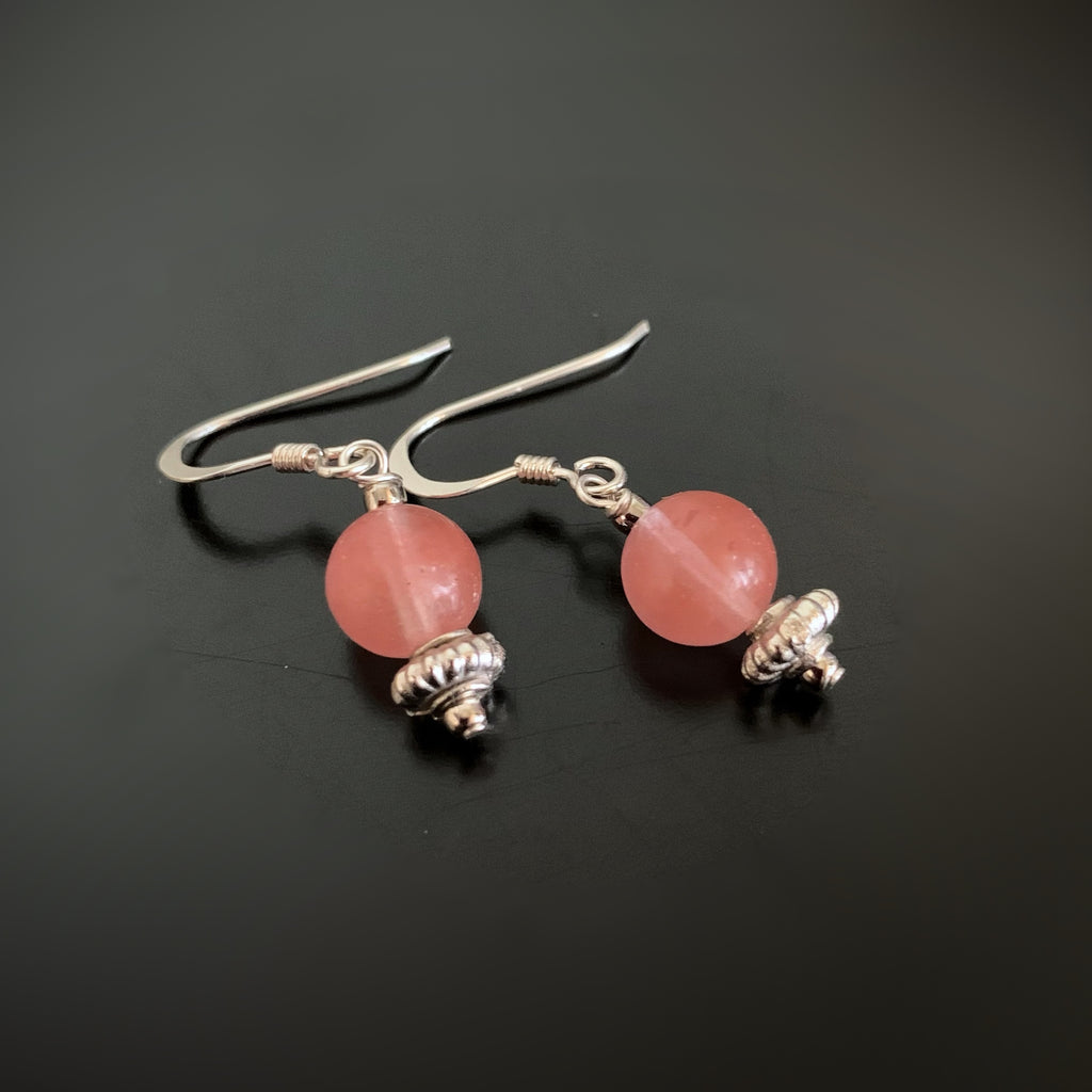salmon pink beaded round drop earrings on sterling silver ear wires