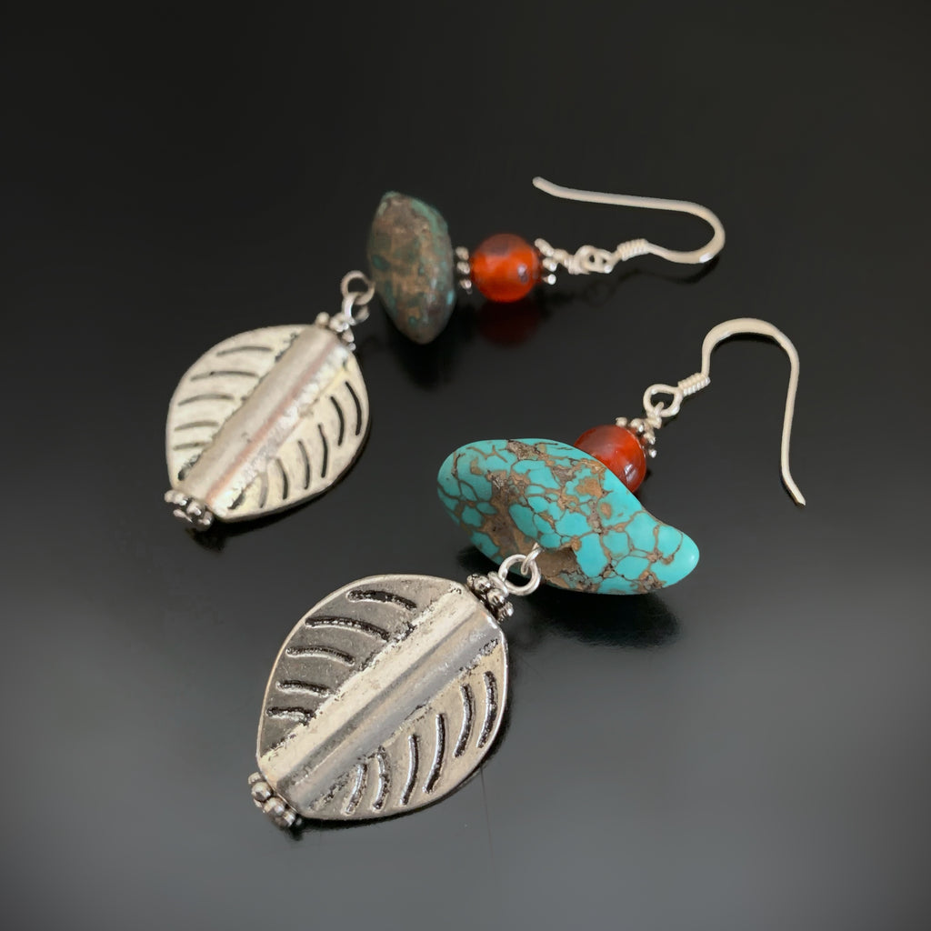 silver plated leaf earrings with turquoise and orange carnelian