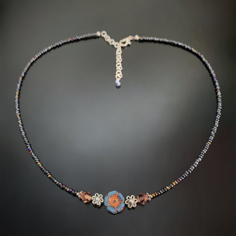 Flower Beaded Necklace in Blue and Copper