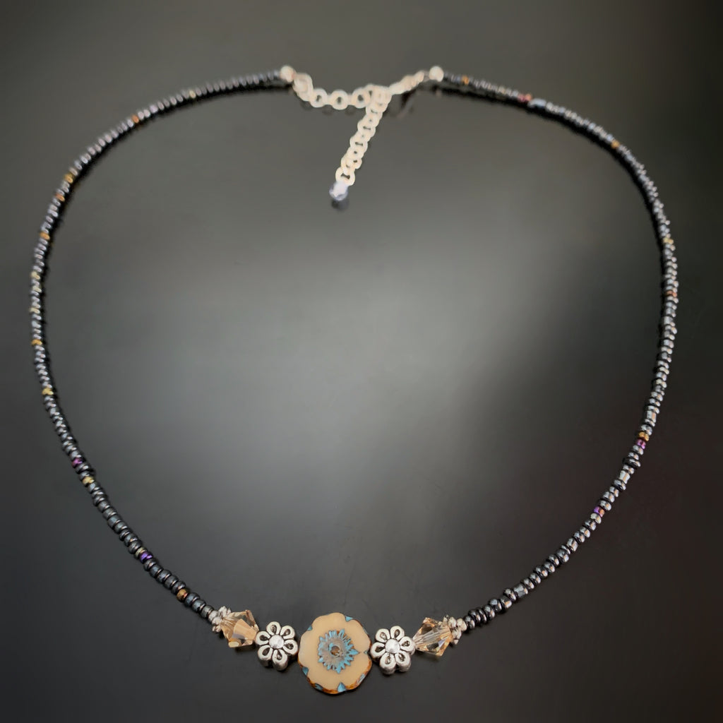 Flower Beaded Necklace in Tan and Turquoise