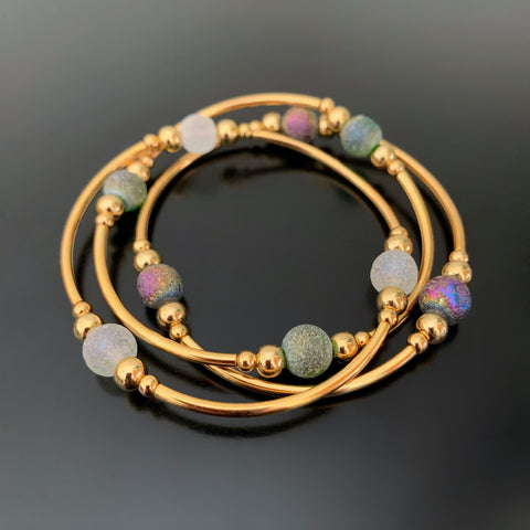 set of three gold tube stretch bracelets in choice of green, purple or white ancient looking glass