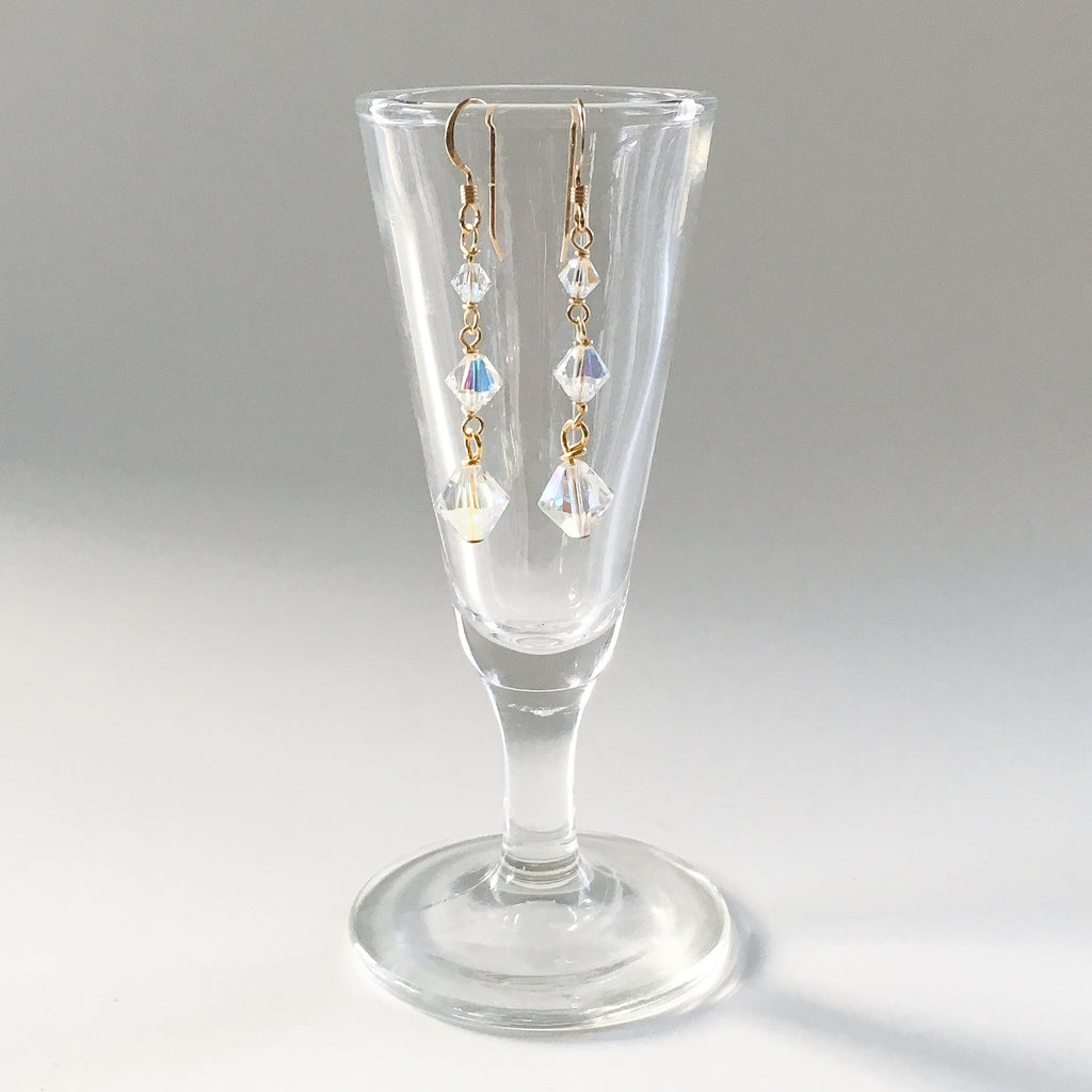 iridescent three crystal long drop earrings.  bridal and prom jewelry
