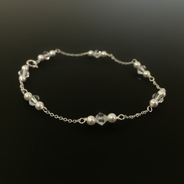 dainty sterling silver chain, pearl and crystal bracelet