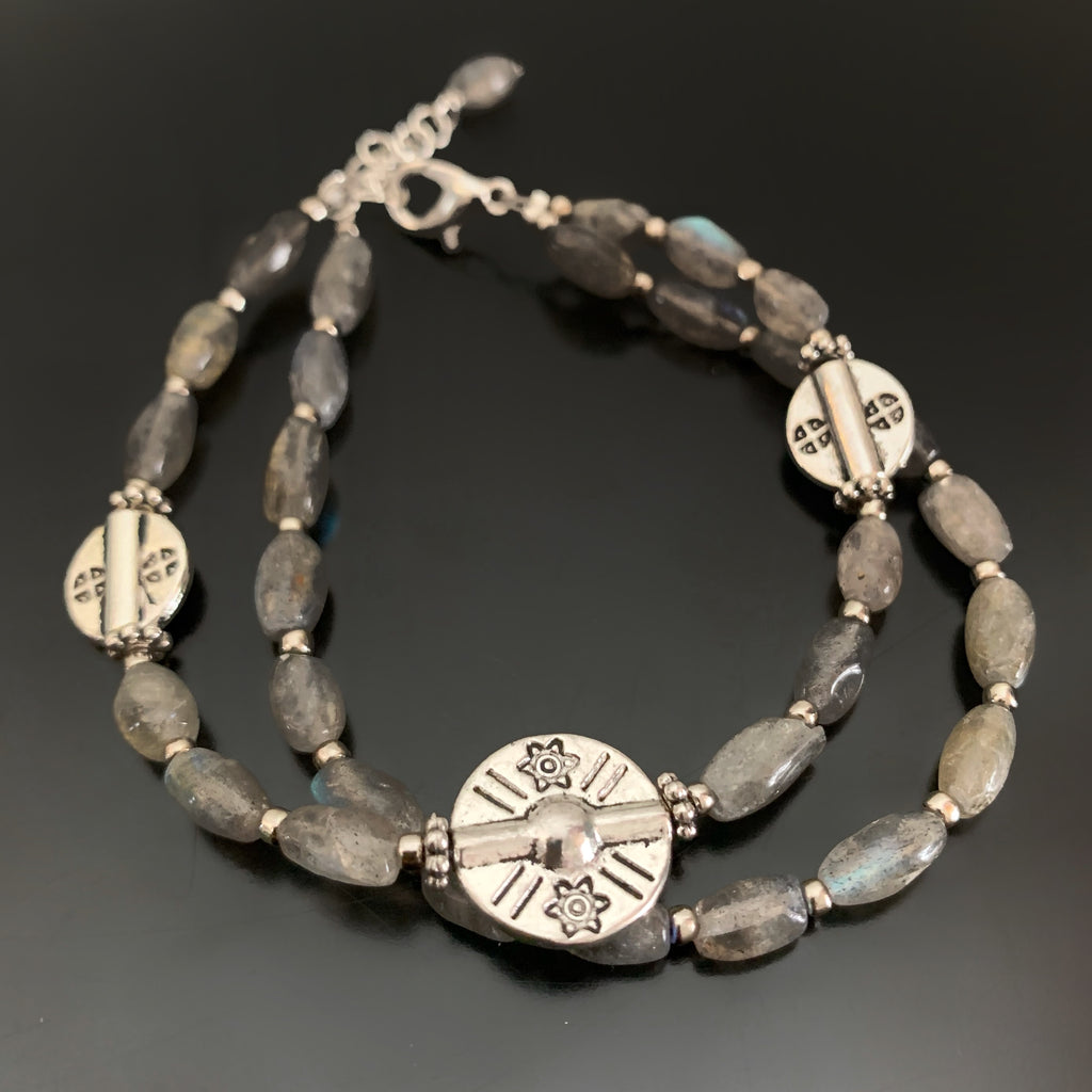 double strand labradorite bracelet with silver plated southwest style beads