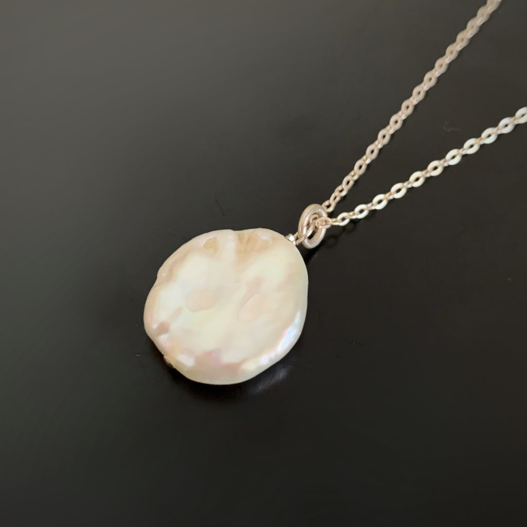 Freshwater Coin Pearl Pendant on Sterling Silver Chain