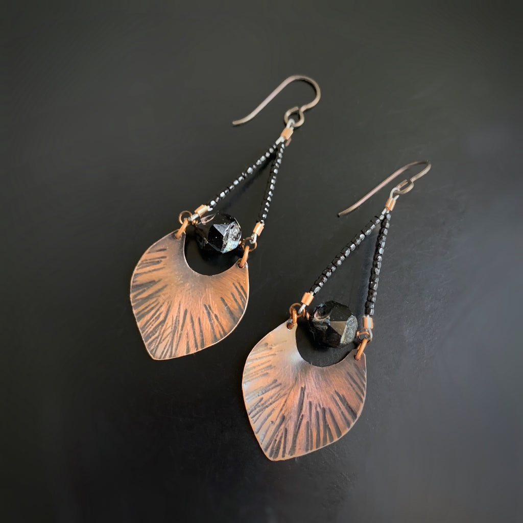 handmade copper fan leaf earrings with black glass
