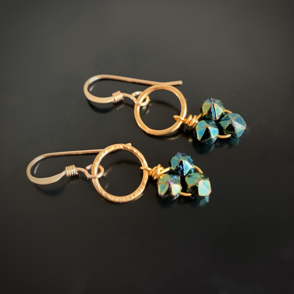green iris glass cluster drop earrings in gold