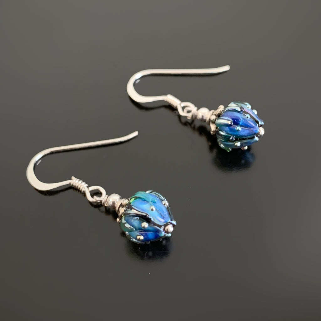 Flower Bud Earrings with blue handmade Ukrainian lampwork glass