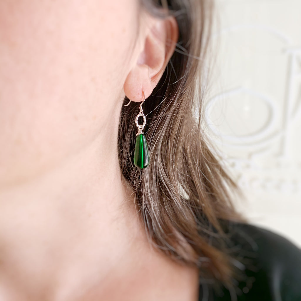 emerald green teardrop glass earrings